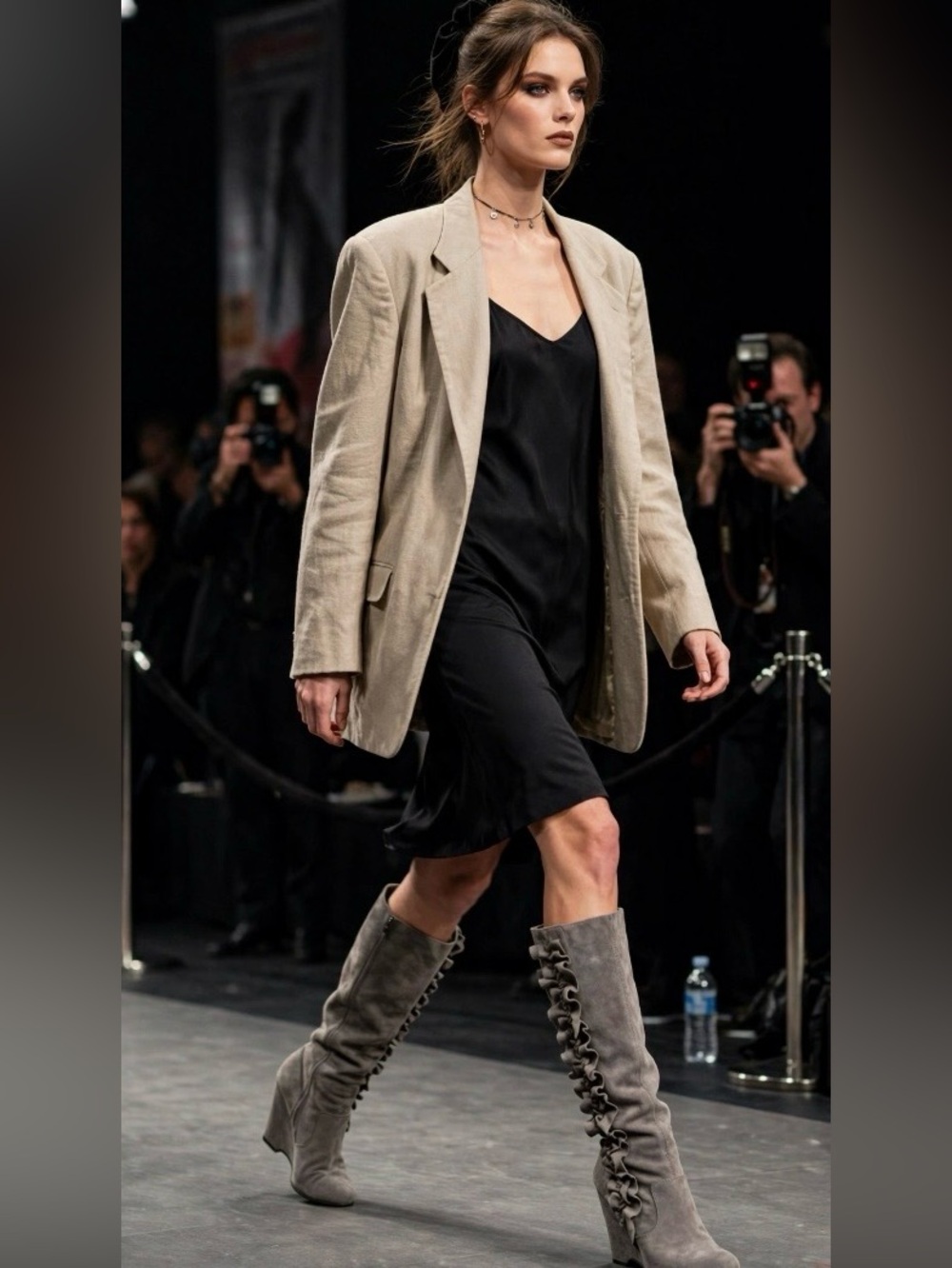 ELLE RIVA GREY WEDGES.. knee high boots beautiful pattern adorns the sides Size7